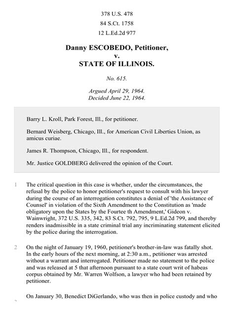 Escobedo v. Illinois, 378 U.S. 478 (1964) | PDF | Confession (Law ...
