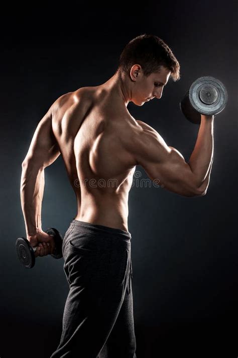 Man With Naked Torso And Dumbbells On Black Background Stock Photo Image Of Handsome Athletic