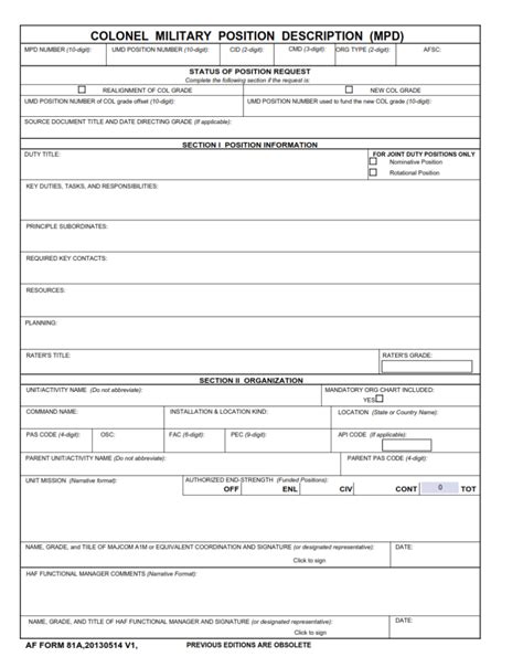 af form  colonel military position description mpd finder