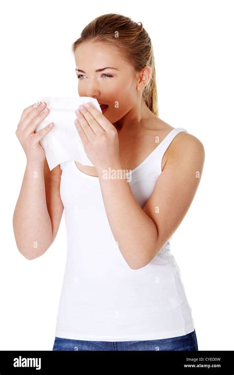 Blonde Girl Sneezing Stock Photo Alamy