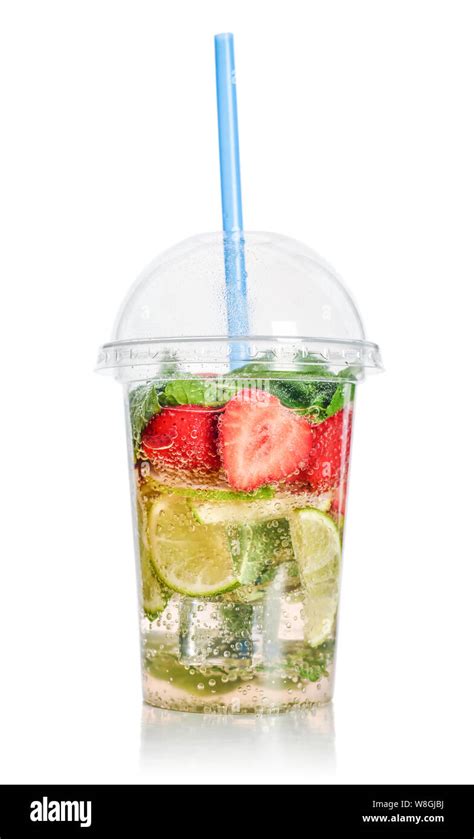 Lemonade With Lime Strawberry And Mint In A Plastic Cup With Drink