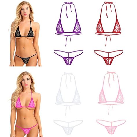 Damen Transparent Micro Bikini Set Spitze Bikinis Mit Strings Tanga Badeanzug Ebay