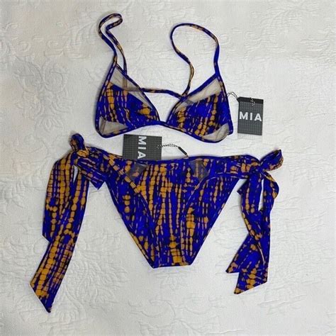 Mai Mia Charlie Tie Dye Mesh Insert Triangle Side Tie Bikini Set Large