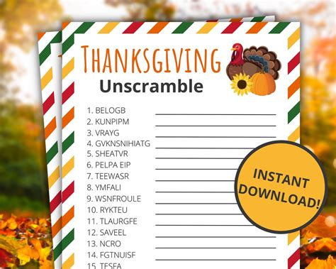 Thanksgiving Unscramble Game Printable Thanksgiving Game