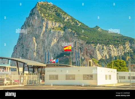 Gibraltar, United Kingdom - April 24, 2016: Gibraltar border, between Spain and England, bay ...