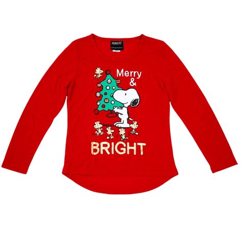 Peanuts Girls Snoopy Merry Bright Red Holiday Long Sleeve T Shirt Tee Shirt Xs