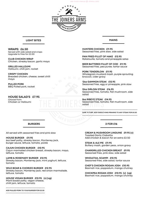 Menu at The Joiners Arms pub & bar, Llanelli, 58 Llwynhendy Rd