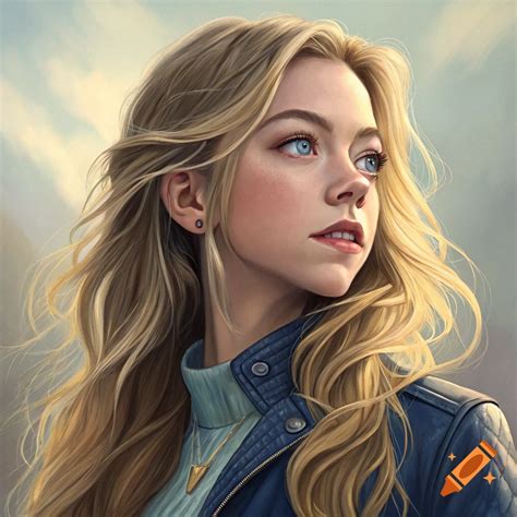 A Woman With Blonde Hair And Blue Eyes Looks Upwards Wearing A Blue Jacket On Craiyon