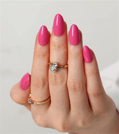 Pcs Hot Pink Press On Nails Almond Short Fake Nails Glossy Acrylic False Nails Reusable Full