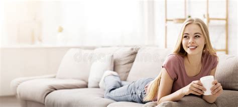 Cheerful Blonde Girl Drinking Tea At Home Stock Image Image Of Lifestyle Carefree