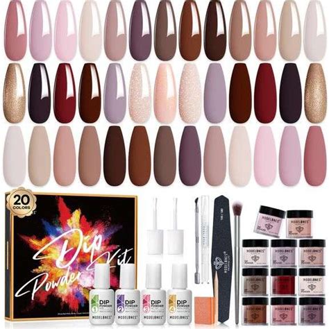 Modelones Dip Powder Nail Kit Starter 20 Colors Skin Nude Brown Glitter Acrylic Dipping Powder