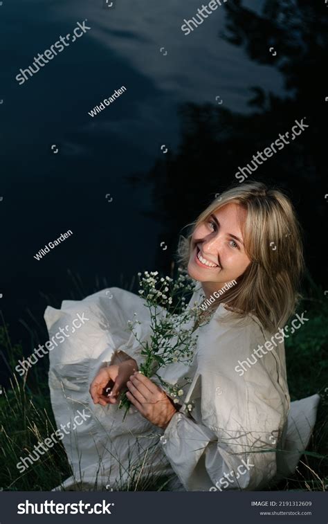 Happy Sensual Smiling Blonde Woman White Stock Photo