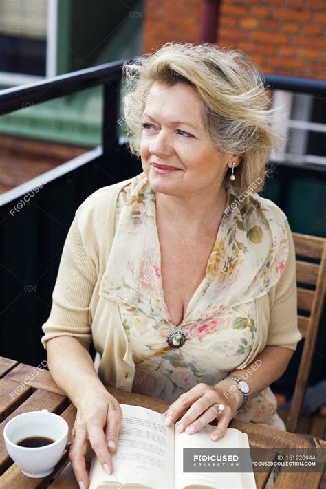 Happy Mature Woman Hot Drink Sweden Stock Photo