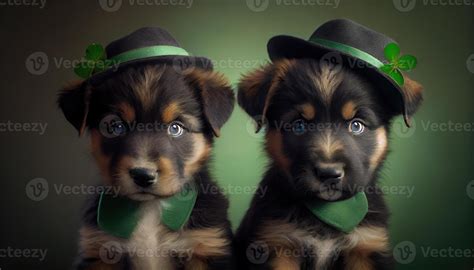 Adorable cute funny Shepherd breed puppy dogs wearing green St Patrick's Day hats. 23119894