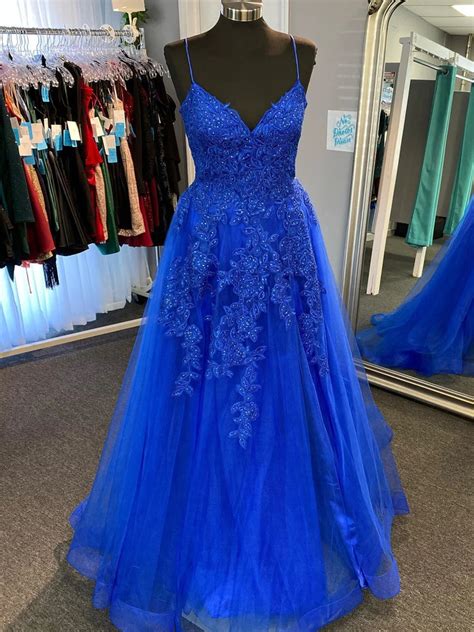 A Line V Neck Open Back Blue Lace Long Prom Dresses With Train Blue L