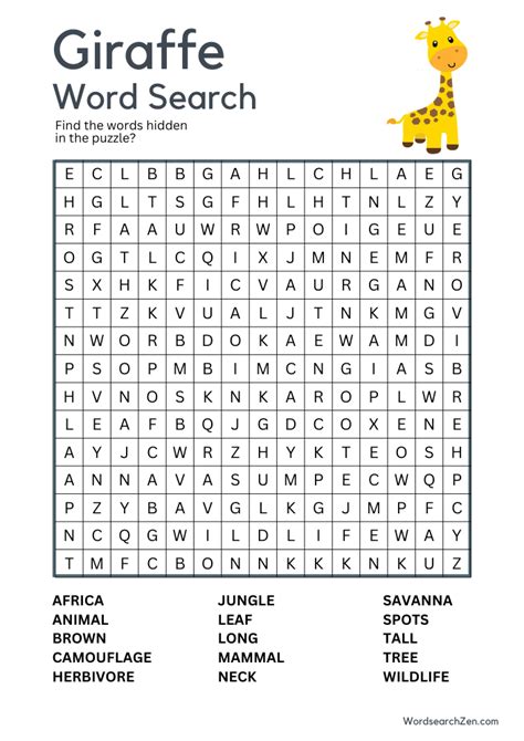 Giraffe Word Search Free Printable PDF File WordsearchZen