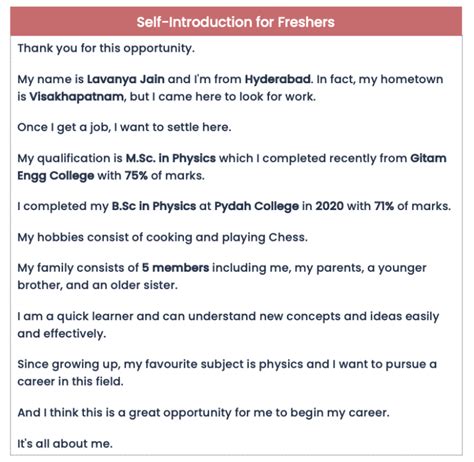 Self Introduction Samples for Job Interview for Freshers (Examples)