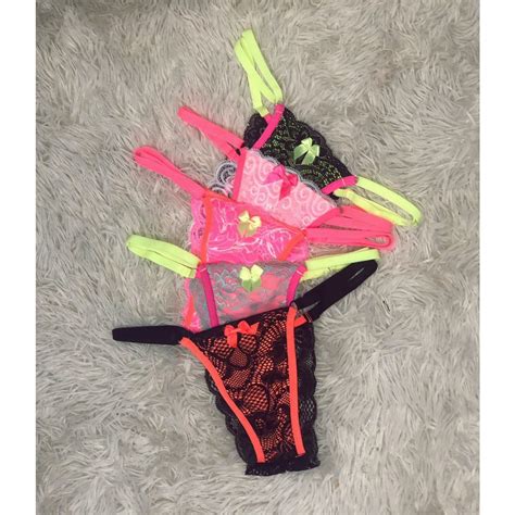 Kit Calcinhas Renda Neon Color Sensual Regulagem Lateral Tanga Fio Dental Sexy Lingerie