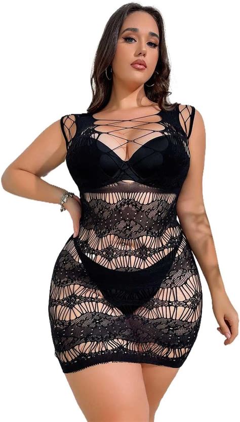 Amazon Canb Plus Size Fishnet Lingerie Sexy Mesh Bodystocking Lace Babydoll Bodysuit Rave