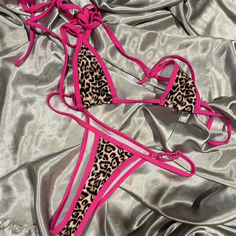 Pink Outline Cheetah Thong Bikini Perfect For The Depop
