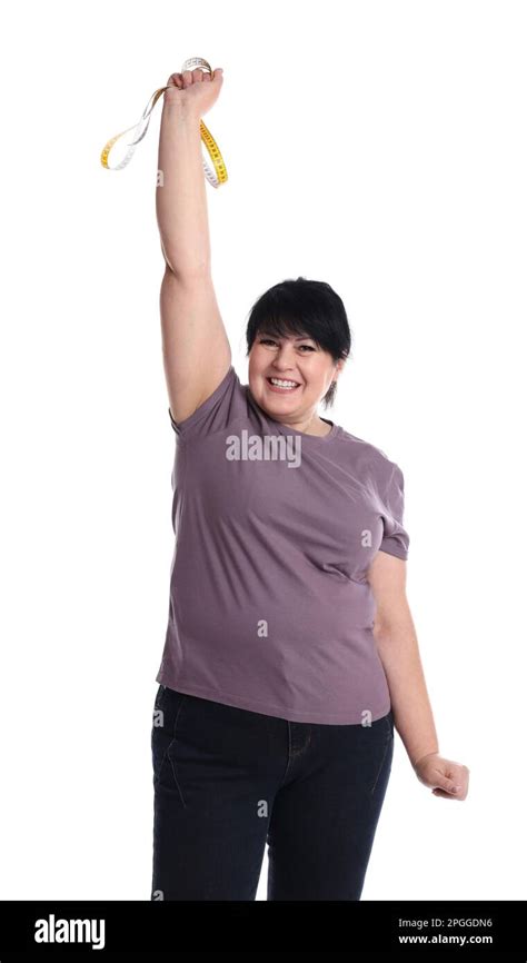 Happy Overweight Mature Woman With Measuring Tape On White Background Stock Photo Alamy