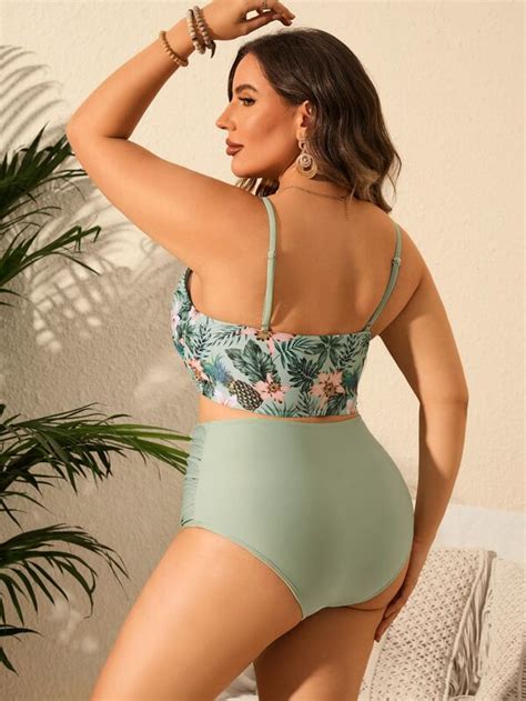 SHEIN Swim Vcay Conjunto De Bikini Con Estampado Tropical Plus Sujetador Push Up Cortado Con