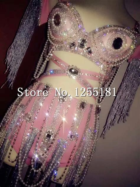 Bling Rhinestone Rose Bikini Pearls Tassel Chains Outfit Women S Sexy Party Wear Clothing Set