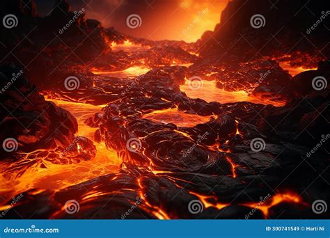 Generative AI Image of Hot Fire Molten Lava Rocks Flowing in the Volcano Stock Illustration ...