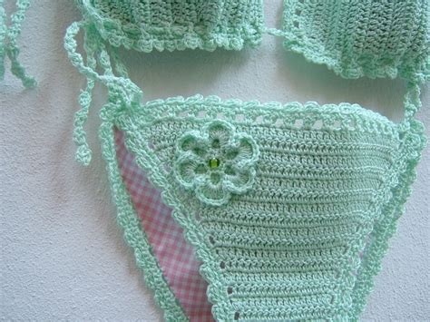 Bikini In Crochet Green Cotton Crochet Costume Triangle Bikini Top Slip And Top With Laces
