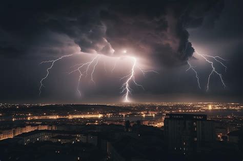 Premium AI Image | A lightning storm over a city with a city in the ...