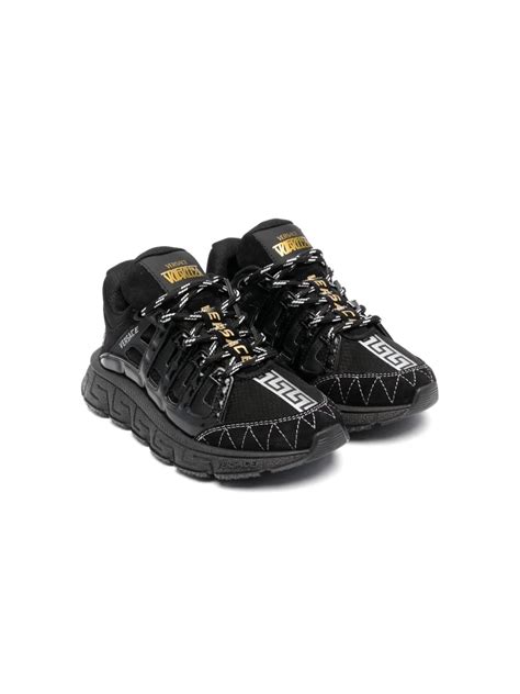 Versace Kids Greca Logo Lace Up Sneakers In Black Modesens