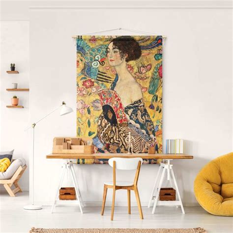 Wandteppich Gustav Klimt Dame Mit F Cher Hochformat