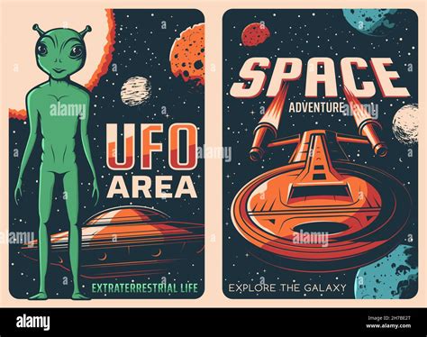 UFO area and spaceship retro posters. Alien life, space exploration ...