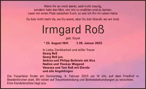 Traueranzeigen Von Irmgard Ro Vrm Trauer De