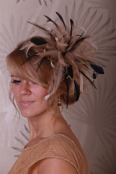 Taupe Nude Satin And Feathers With Black Highlights Small Feather Fascinator Hat Abbie