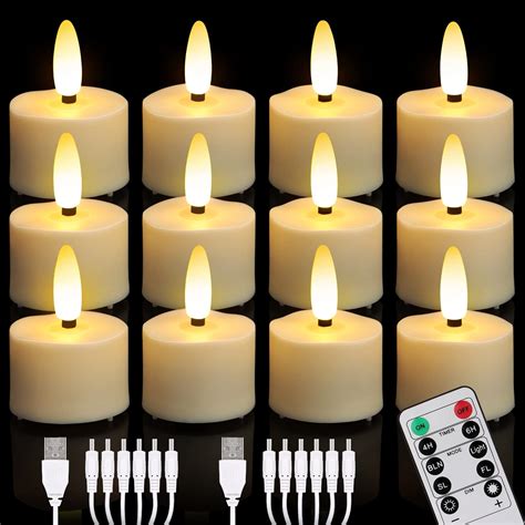 Freepower 12pcs Rechargeable Led Tea Lights Flickering With Remote Control And Timer Dimmable