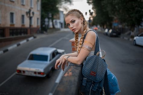 Jean Shorts Blonde Blue Eyes Women Portrait Pigtails HD Wallpaper