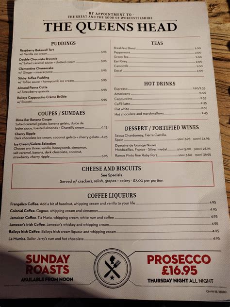 Menu At The Queens Head Pub And Bar Bromsgrove Sugarbrook Ln