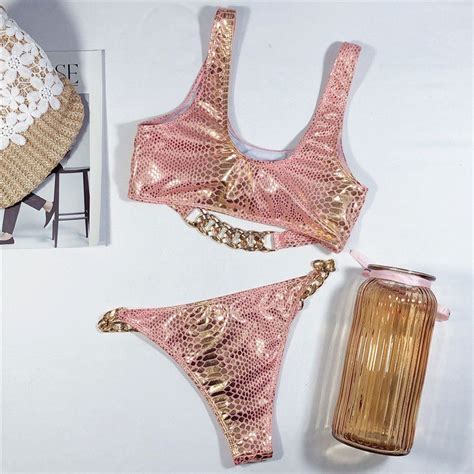 2020 Silver Snake Bikini Push Up Sexy Swimsuit Women Neon Swimwear 2020 Female New Chain Bathing