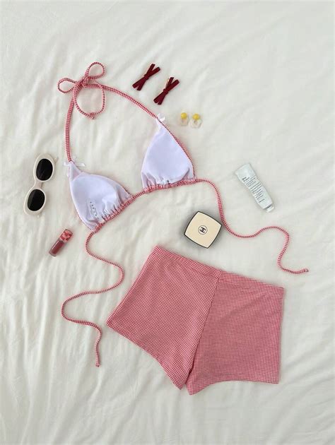 Shein Swim Mod Women S Sweet Plaid Texture Triangle Bikini Sets Beach Clothes For Summer For