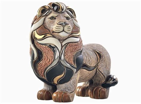 Lion Standing 7 Ceramic Figurines Hand Carved By Derosa With Gold Trim