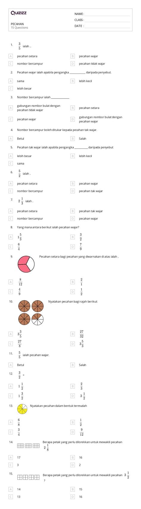 50 Lembar Kerja Menjumlahkan Pecahan Dengan Penyebut Yang Sama Untuk