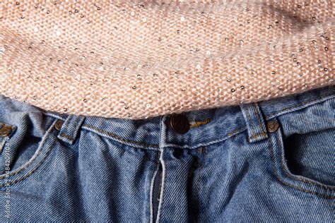 Light Nude Pink Soft Fluffy Light Textile With Shiny Sequins And Classic Blue Jeans Texture