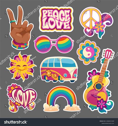 Hippie Stickers Icons Hand Gesturing Peace Stock Vector (Royalty Free ...