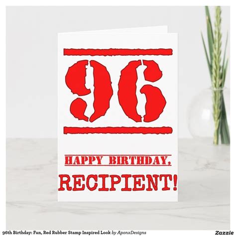 96th Birthday Fun Red Rubber Stamp Inspired Look Card Zazzle 86