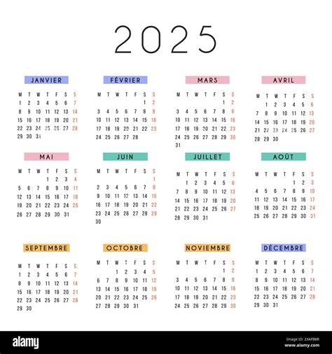 French Calendar 2025 Year Vector Stationery Square Calendar Week