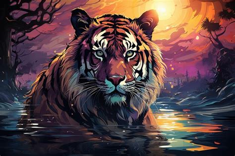 Premium Ai Image Tiger Grace Majestic Presence On Pink And Purple