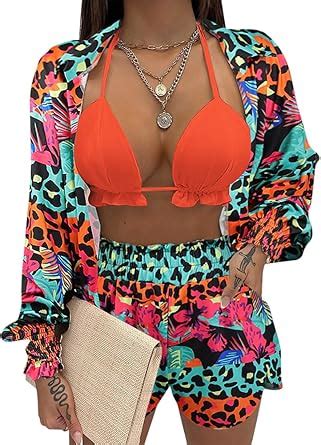 Amazon UOUA 3 Piece Swimsuits For Women Hawaiian Outfits Floral Tropical Bikini Short