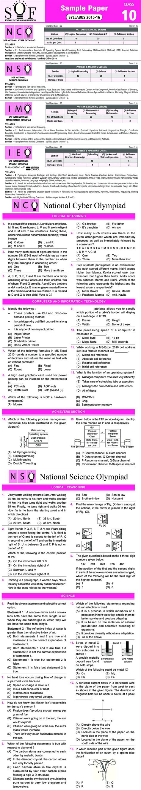 Nco Nso Imo Ieo And Igko 2018 2019 Class 10 First Level Sample Papers Aglasem Schools