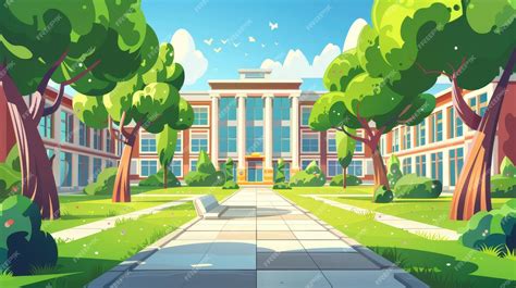College empty front yard with green trees grass lawns paving stones ...